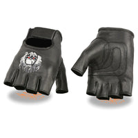 Men's 'Flaming Skull' Black Leather Fingerless Gloves