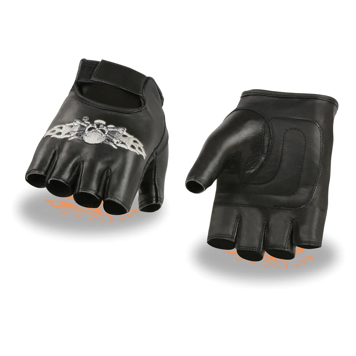 Men's Black Leather Gel Padded Palm Fingerless Motorcycle Hand Gloves W/ ‘Embroidered Skull & Bones’