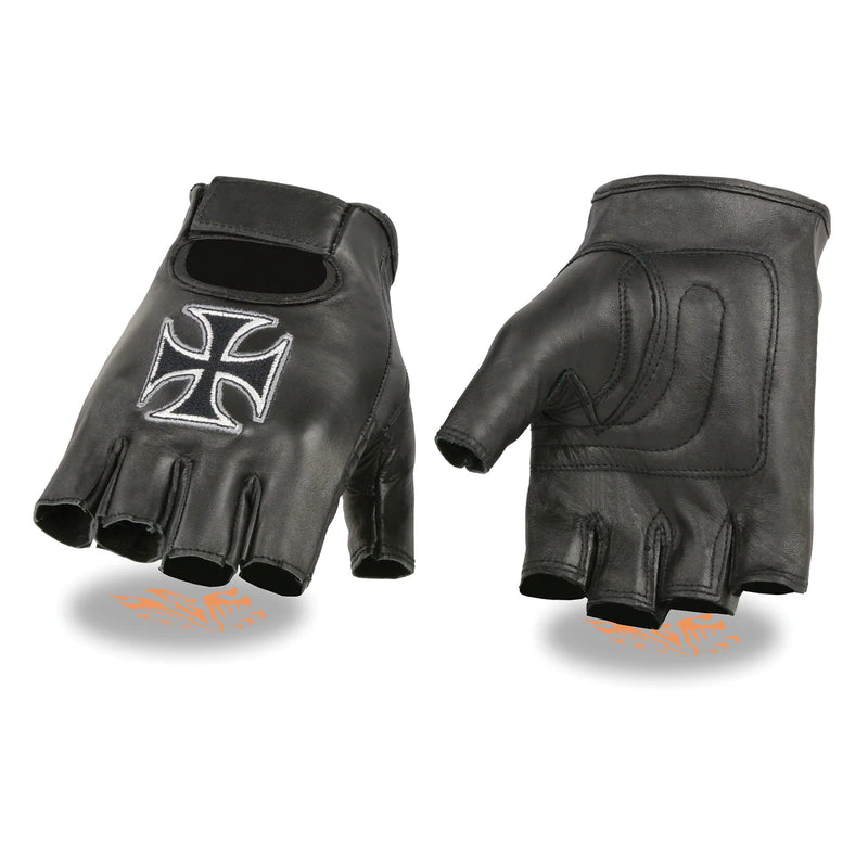 Men's 'Iron Cross' Black Leather Fingerless Gloves