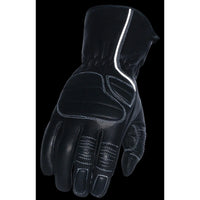 Men's Black Leather Gauntlet Padded Back Racing Motorcycle Hand Gloves W/ Reflective Piping.