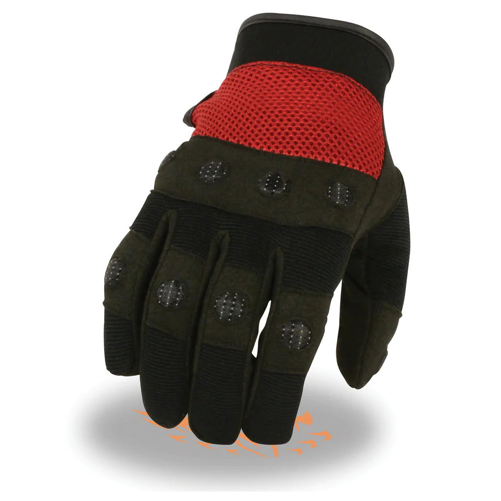 Men's Black and Red Textile Mesh Motorcycle Mechanics Hand Gloves W/ Amara Cloth Bottom