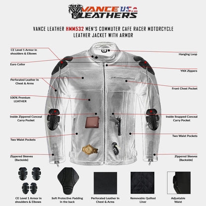 Men's Commuter Cafe Racer Motorcycle Leather Jacket with Armor