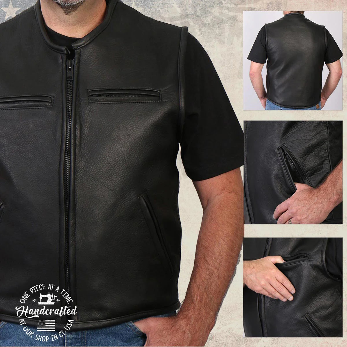 Men's Black 'Steerhide' Premium Leather Motorcycle Club Style Vest