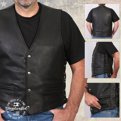 Men's Black 'Gaucho' Extra Long Back Premium Steerhide Motorcycle Leather Vest