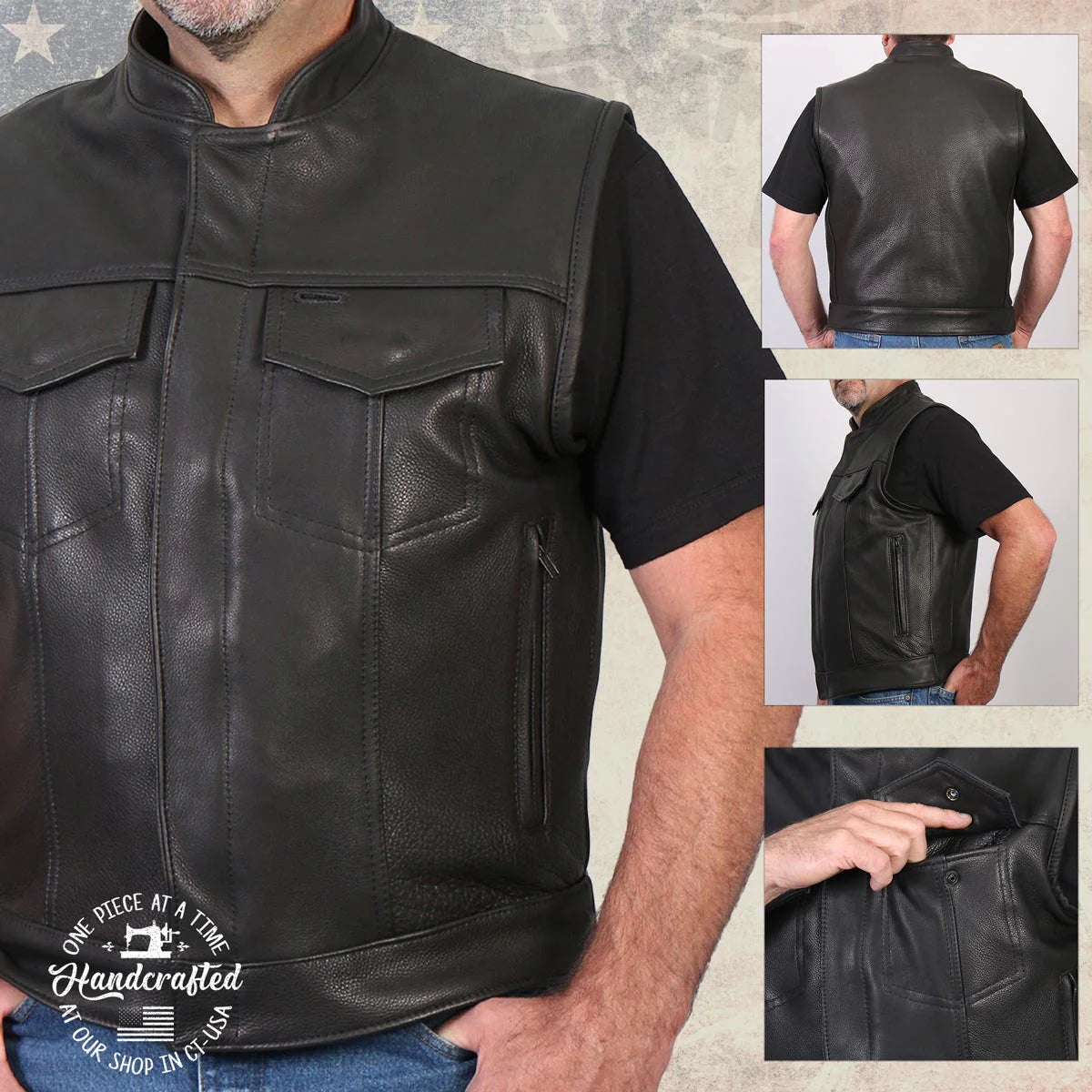 Men's Black 'Chaos' Premium Dual Closure Motorcycle Leather Vest