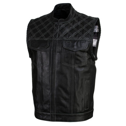 Men's Classic Black Leather Motorcycle Rider Vest Stars and Stripes Design w/ USA Flag Liner