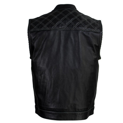 Men's Classic Black Leather Motorcycle Rider Vest Stars and Stripes Design w/ USA Flag Liner