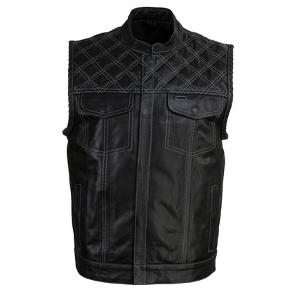 Men's Classic Black Leather Motorcycle Rider Vest Stars and Stripes Design w/ USA Flag Liner