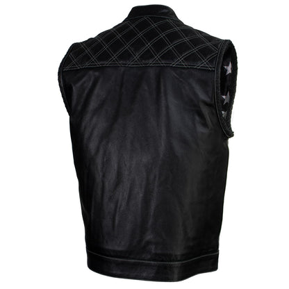 Men's Classic Black Leather Motorcycle Rider Vest Stars and Stripes Design w/ USA Flag Liner