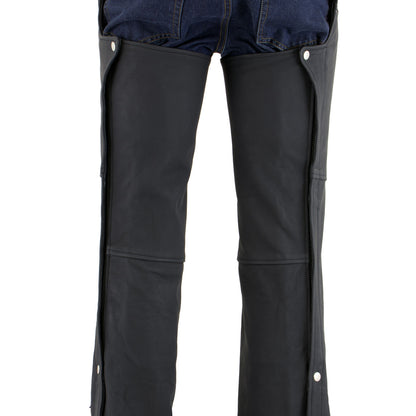 Men's Flat Black Premium Leather Motorcycle Chaps with Jean Pockets LKM5717