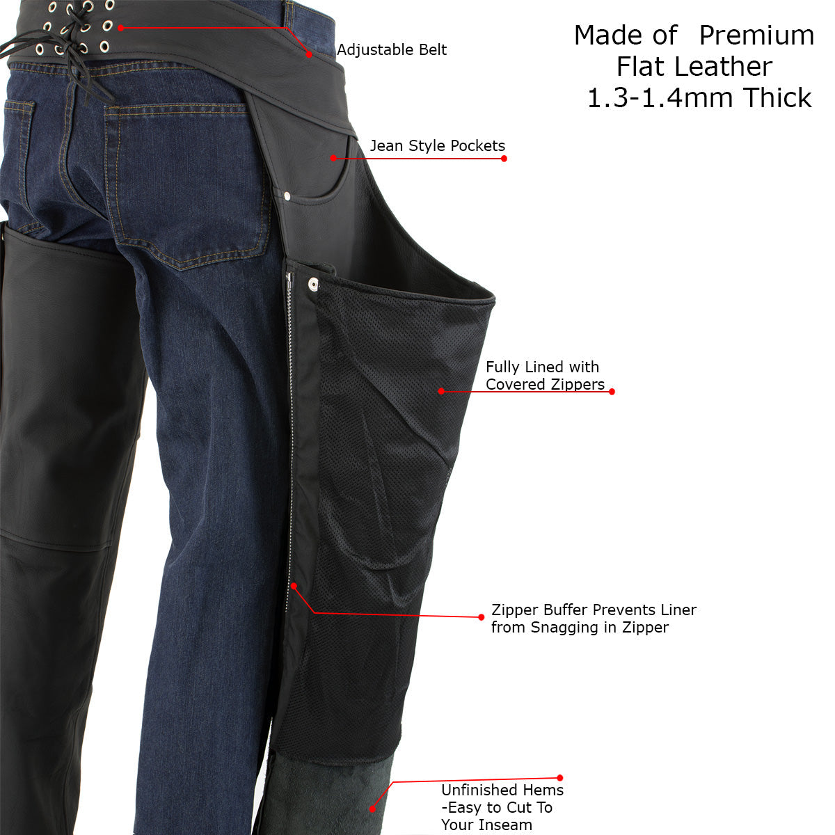 Men's Flat Black Premium Leather Motorcycle Chaps with Jean Pockets LKM5717