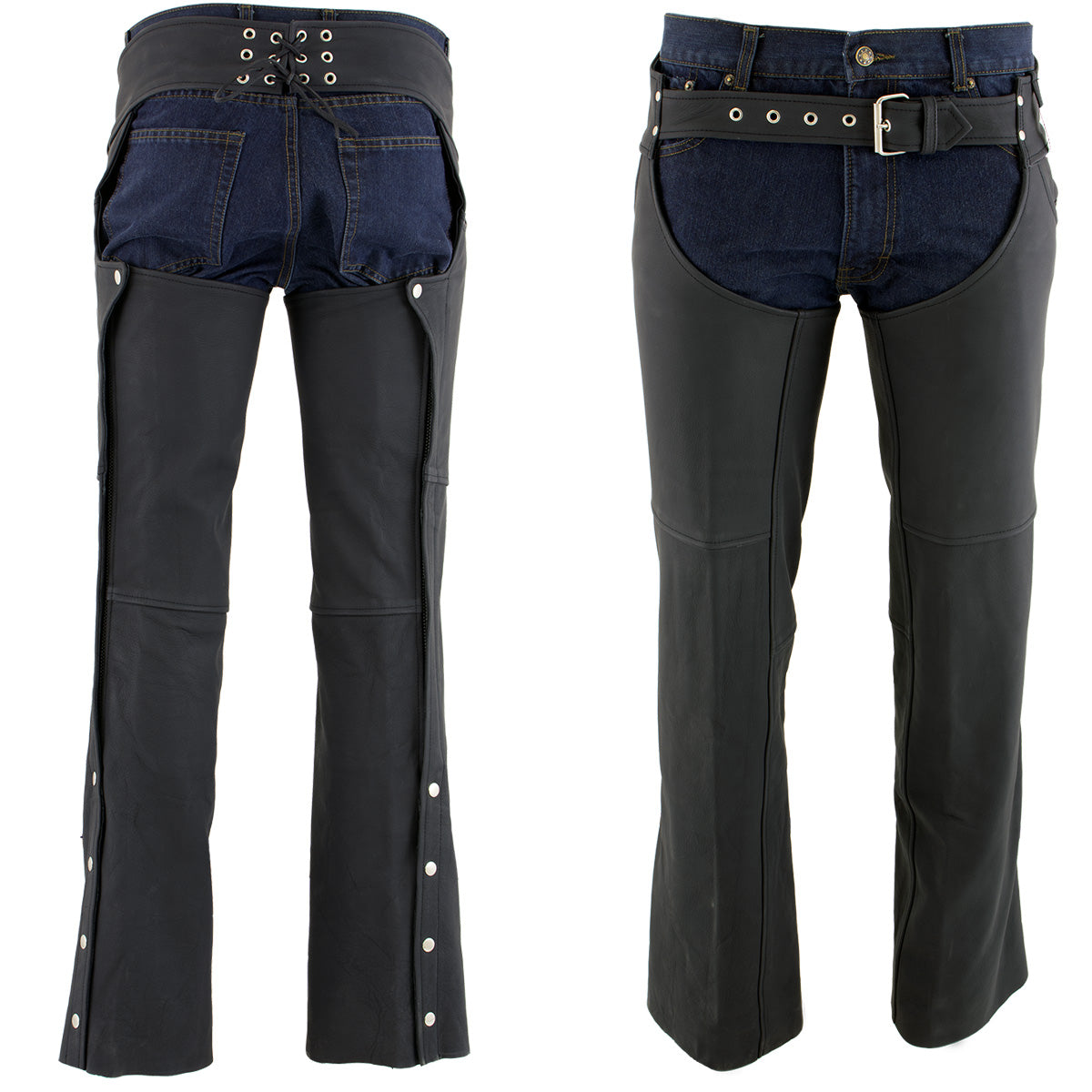 Men's Flat Black Premium Leather Motorcycle Chaps with Jean Pockets LKM5717