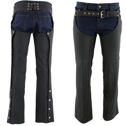 Men's Flat Black Premium Leather Motorcycle Chaps with Jean Pockets LKM5717