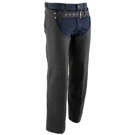Men's Flat Black Premium Leather Motorcycle Chaps with Jean Pockets LKM5717