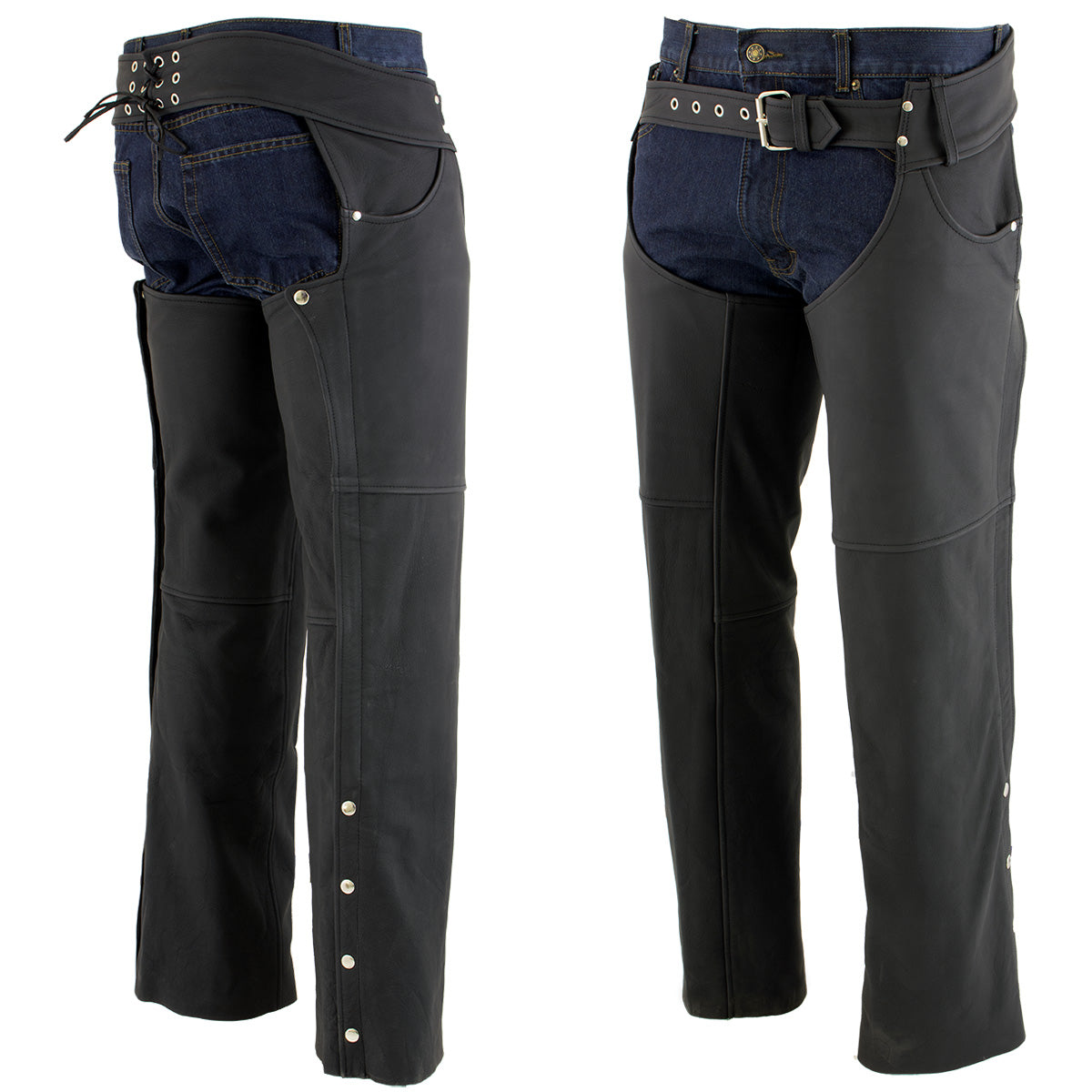 Men's Flat Black Premium Leather Motorcycle Chaps with Jean Pockets LKM5717
