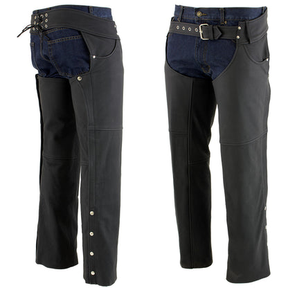 Men's Flat Black Premium Leather Motorcycle Chaps with Jean Pockets LKM5717
