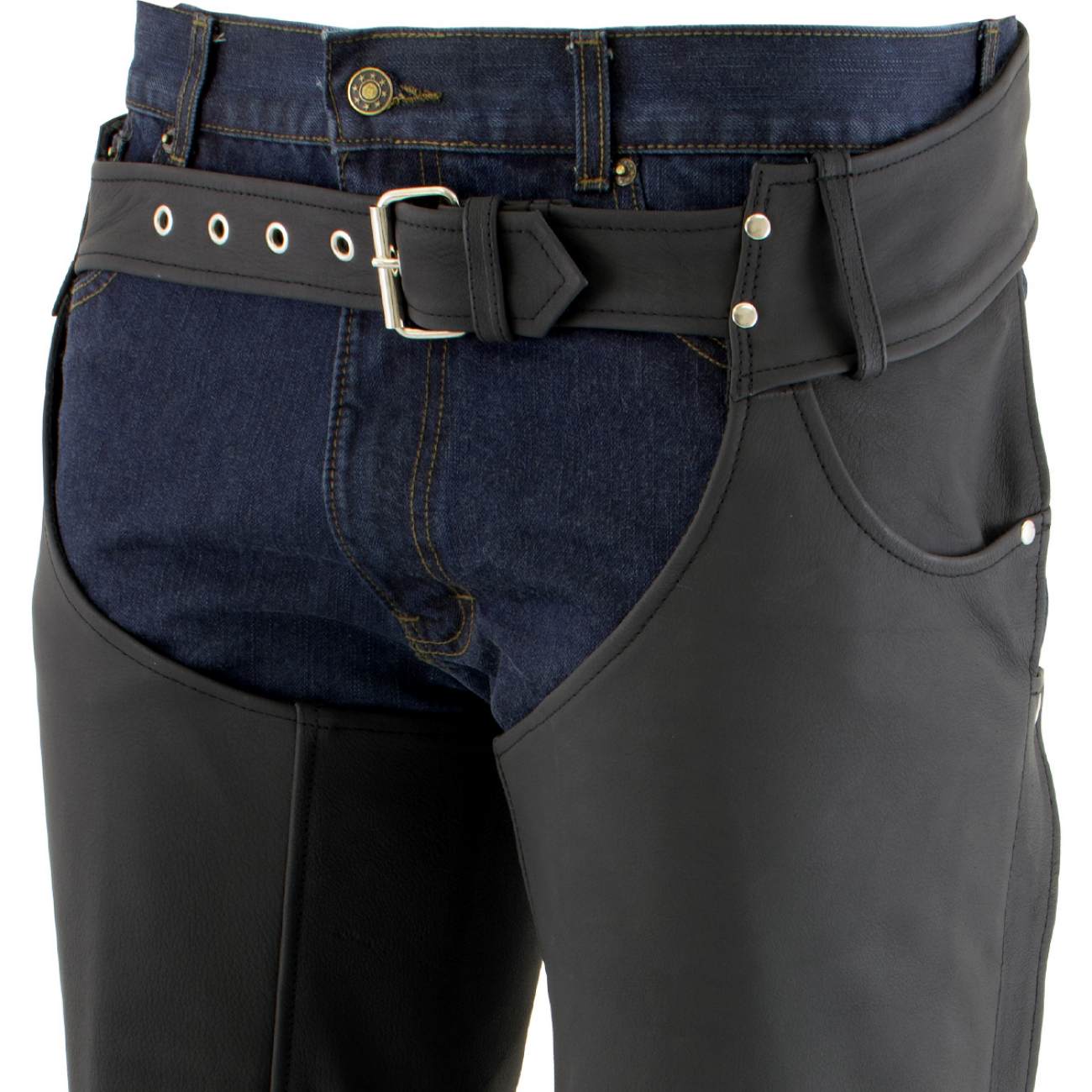 Men's Flat Black Premium Leather Motorcycle Chaps with Jean Pockets LKM5717