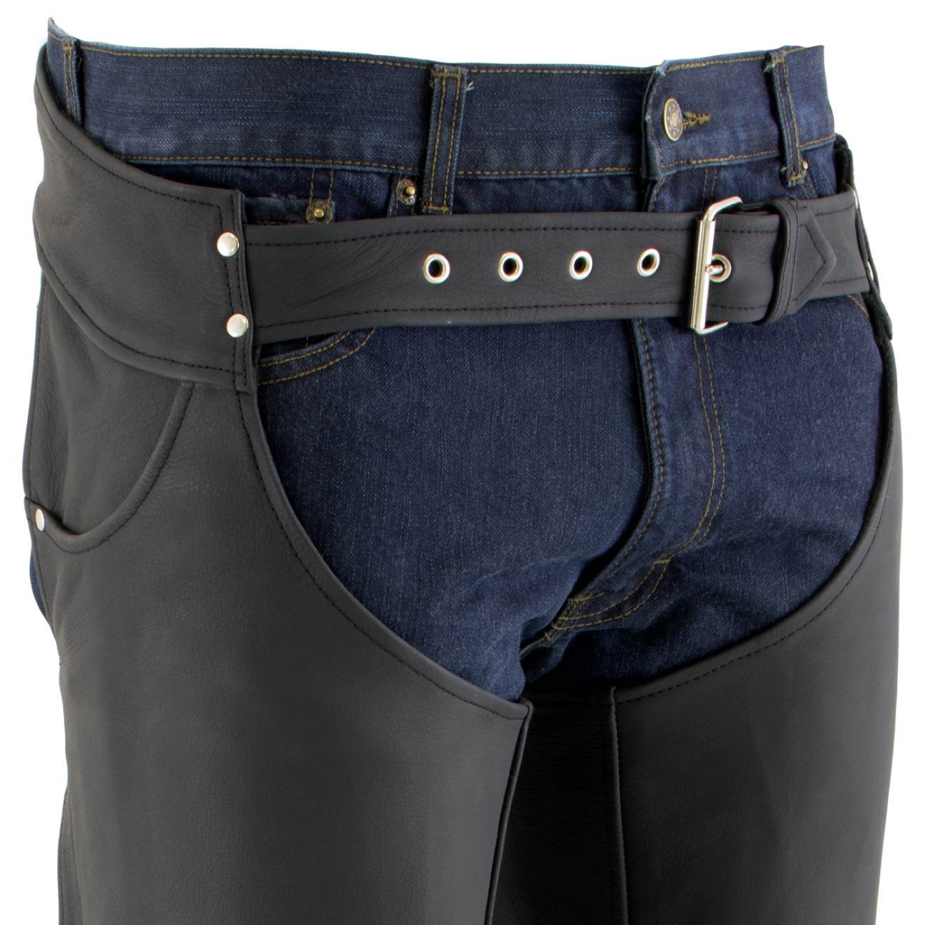 Men's Flat Black Premium Leather Motorcycle Chaps with Jean Pockets LKM5717