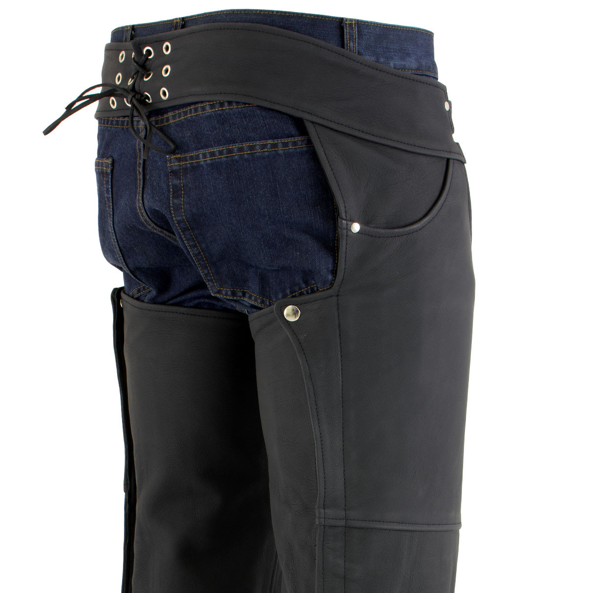 Men's Flat Black Premium Leather Motorcycle Chaps with Jean Pockets LKM5717