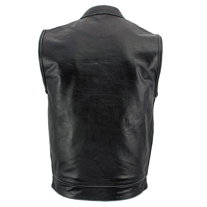 Men's Black Premium Leather Motorcycle Biker Rider Vest w/ White Stitching and Paisley Liner