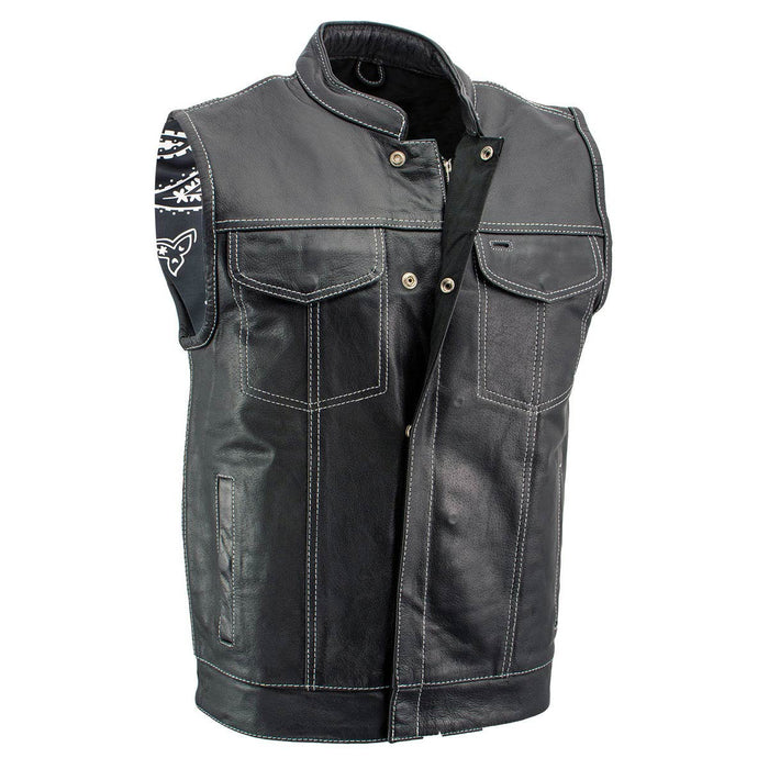 Men's Black Premium Leather Motorcycle Biker Rider Vest w/ White Stitching and Paisley Liner