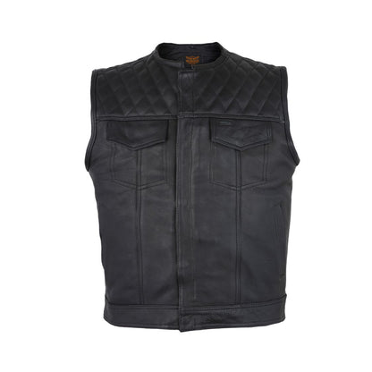 Men's Zippered 1/2" Collar Motorcycle Club Vest with Diamond Padding on Shoulder