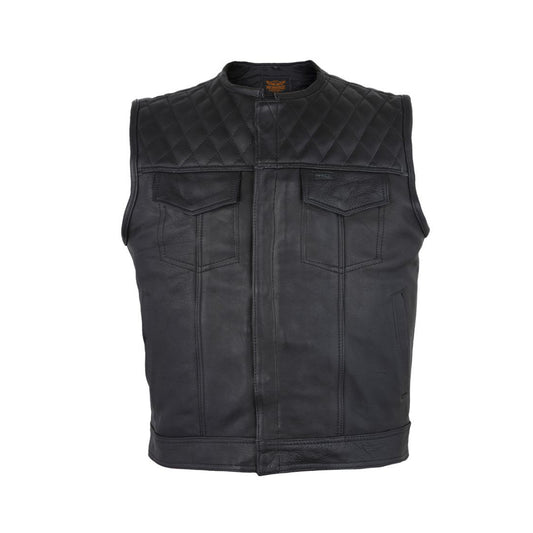 Men's Zippered 1/2" Collar Motorcycle Club Vest with Diamond Padding on Shoulder