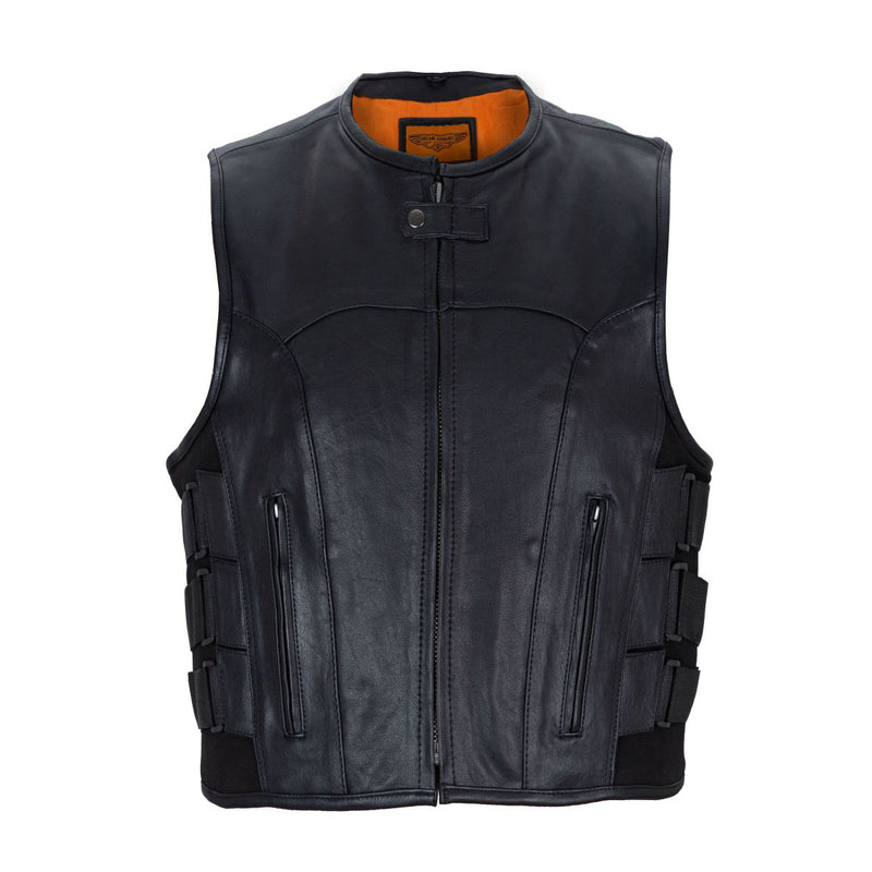 Men's Black Bullet Proof Style Leather Vest with Straps on Side