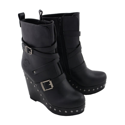 Womens Black Triple Strap Boot with Platform Wedge