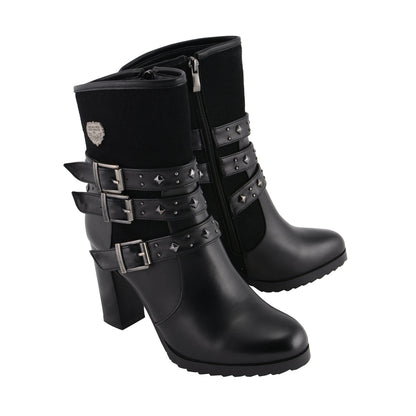 Womens Black Triple Buckle Strap Riding Boot with Block Heel
