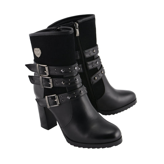 Womens Black Triple Buckle Strap Riding Boot with Block Heel