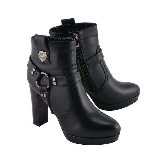 Womens Black Harness Ankle Boot with Block Heel