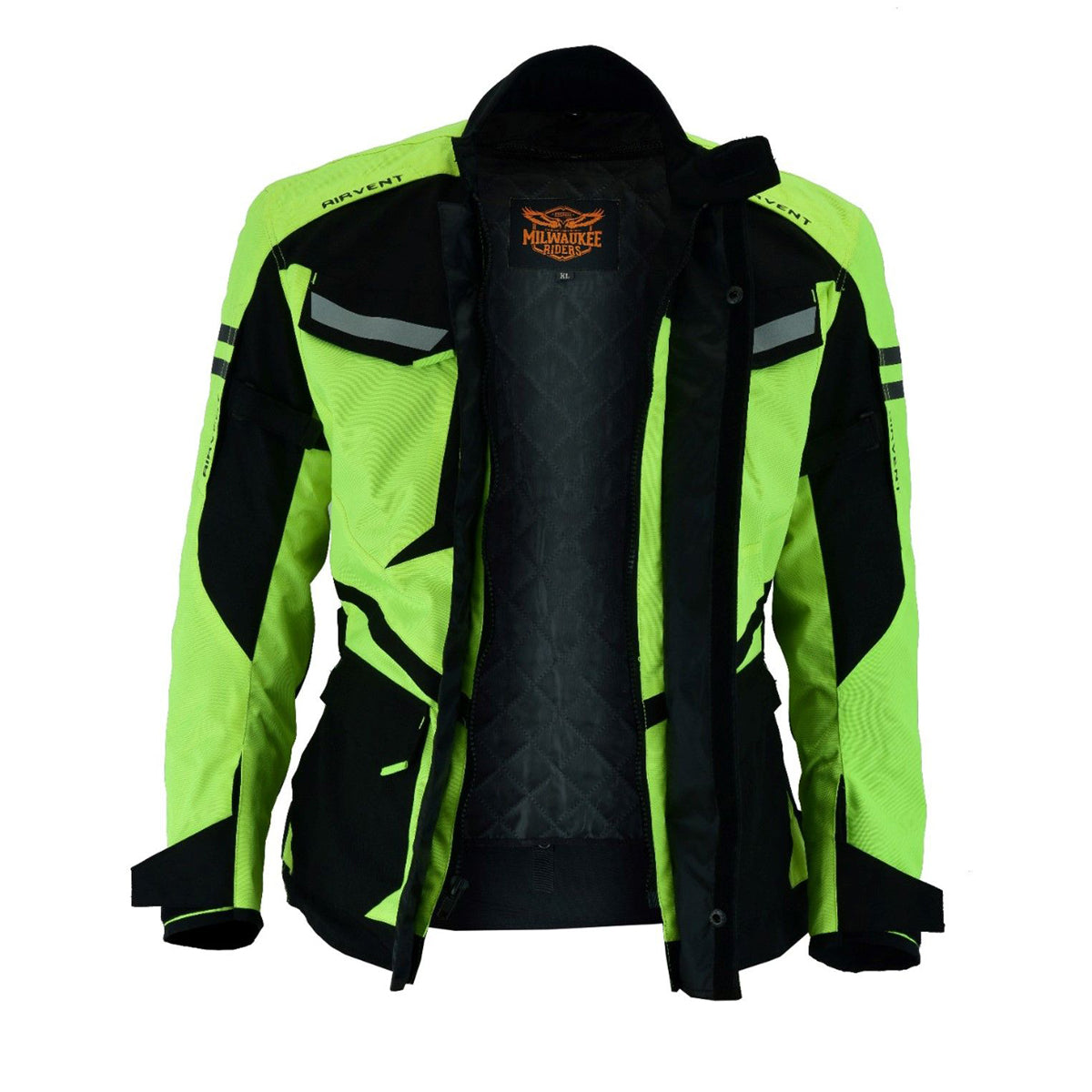 Milwaukee Riders Mens Motorcycle jacket Hi Vis Neon Flourecent Color, Armored Protective Round Neck