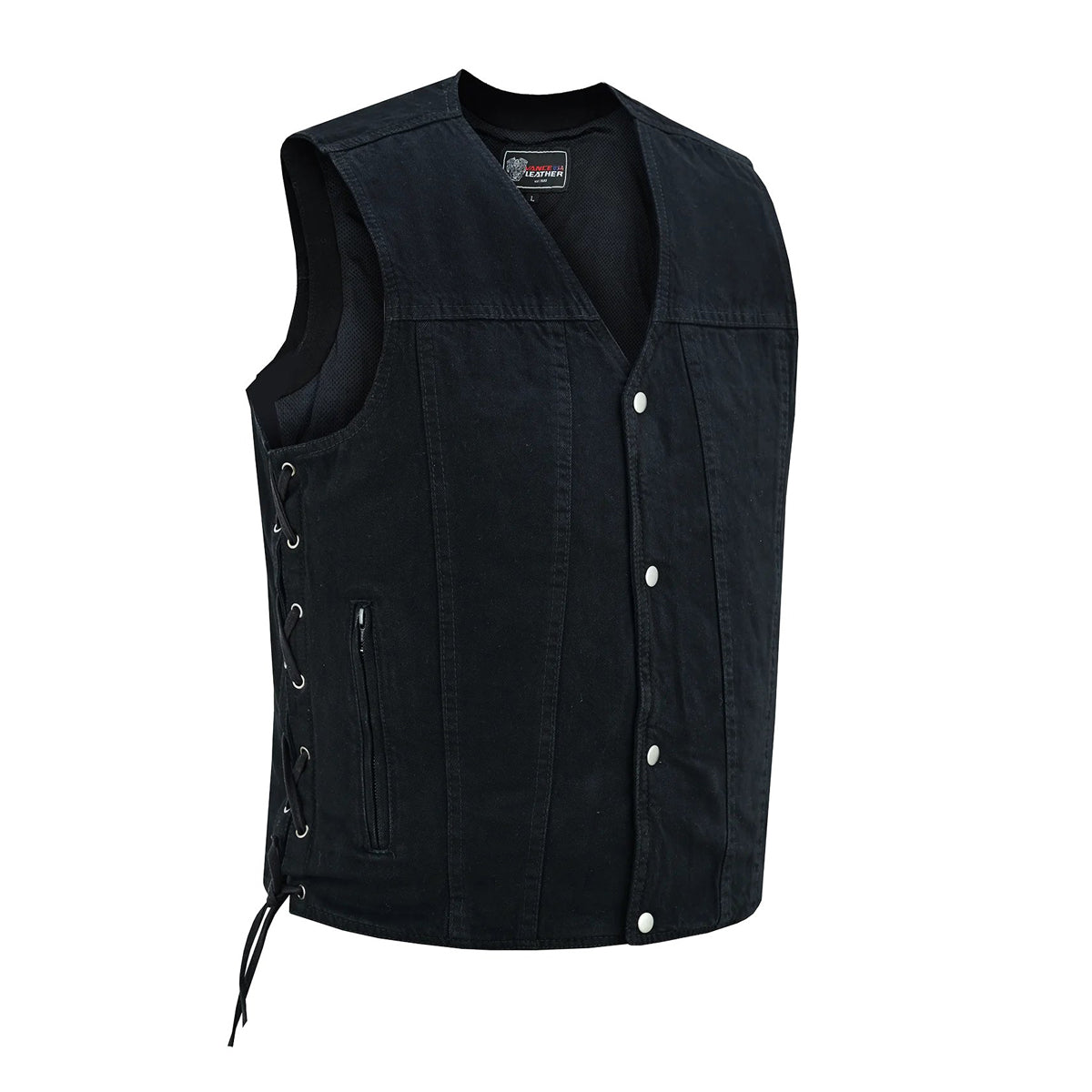 Mens Black Denim & Leather Motorcycle Club Vest Blue Thread Zipper Fro –  Extreme Biker Wear