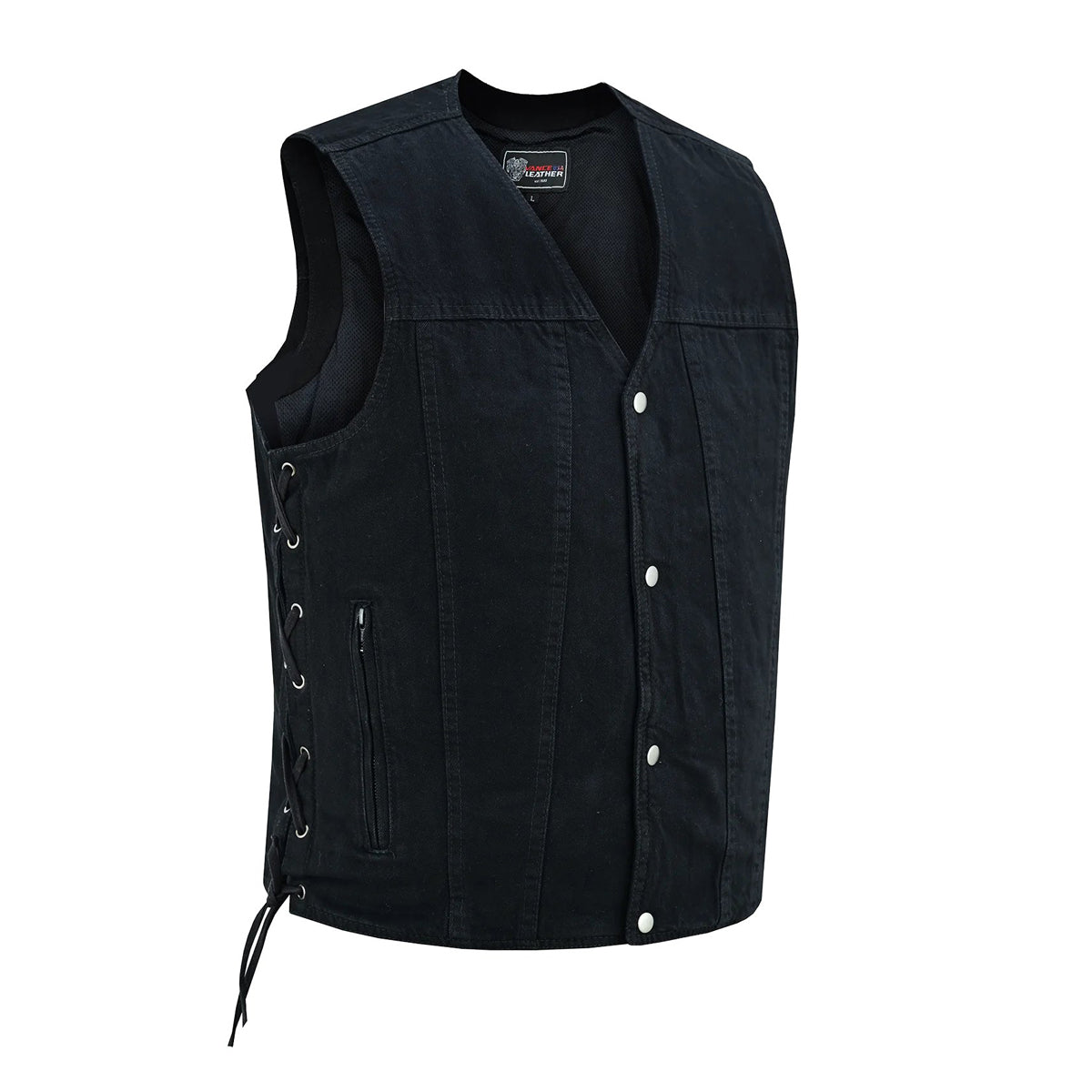 Men's Black V-Neck Denim Vest for Motorcycle Riders