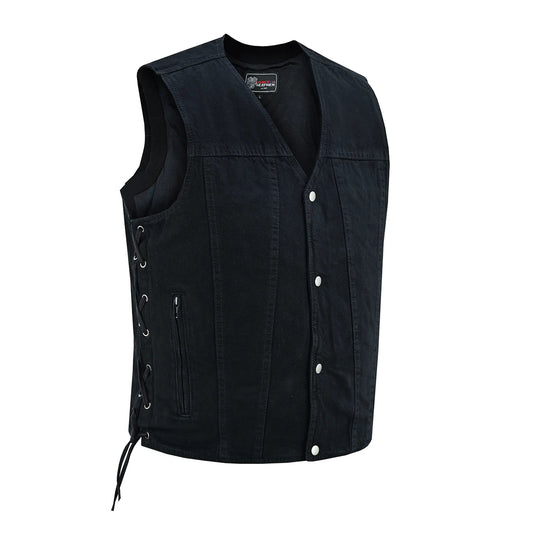 Men's Black V-Neck Denim Vest for Motorcycle Riders