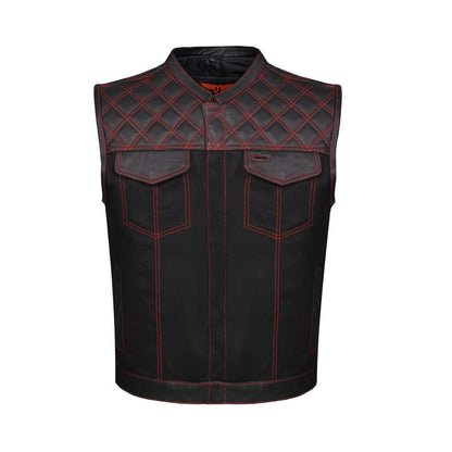 Mens Black Denim & Leather Motorcycle Club Vest Red Thread Zipper Front, Diamond Padding