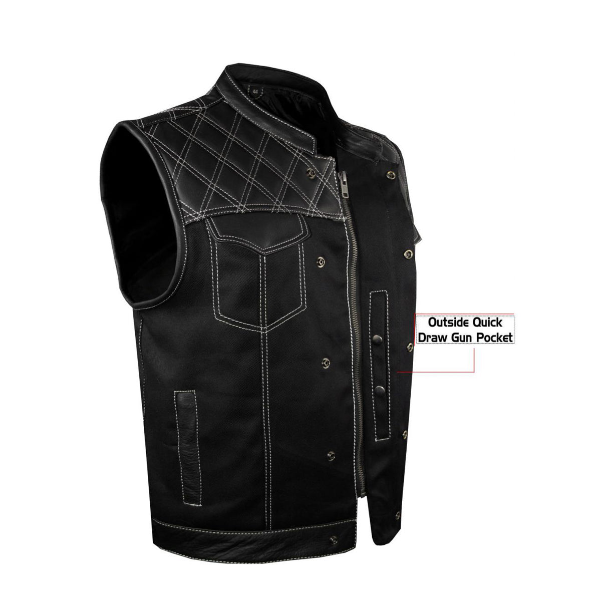 Mens Black Denim Leather Motorcycle Club Vest White Thread