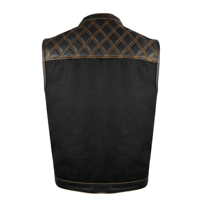 Mens Black Denim & Leather Motorcycle Club Vest Orange Thread Zipper Front, Diamond Padding