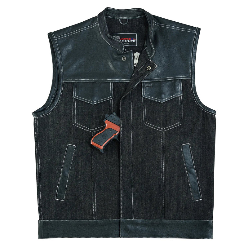 Men's Denim & Leather Vest with White Stitching
