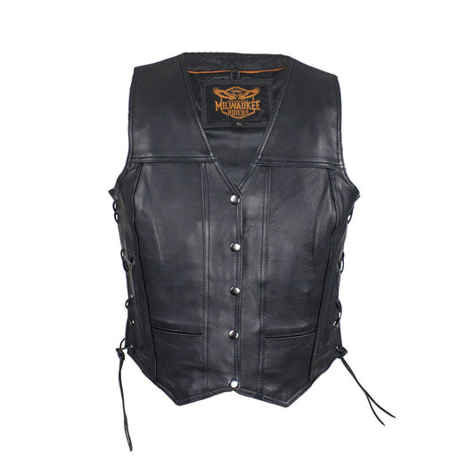 Womens Cowhide Leather Motorcycle Vest With 7 Pockets By Milwaukee Riders