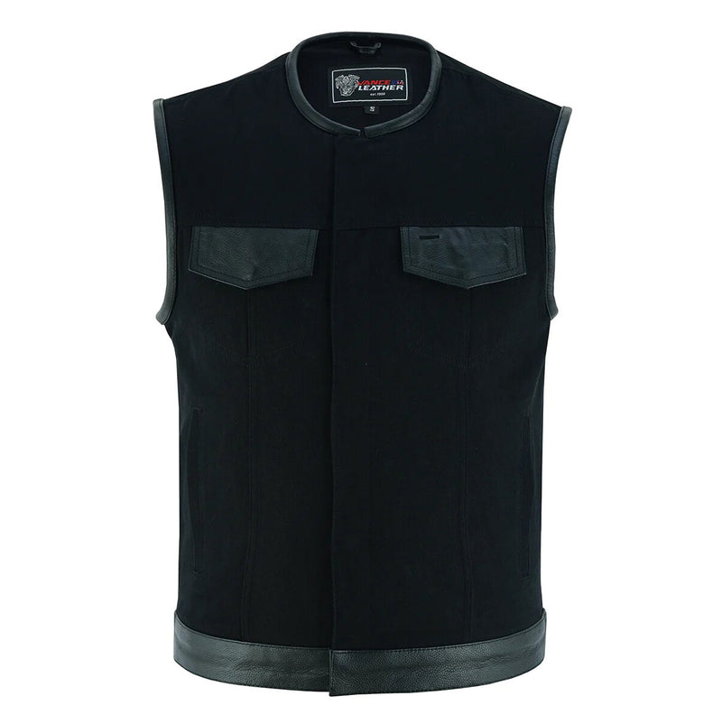 Denim Black Collarless Club Vest with Leather trims