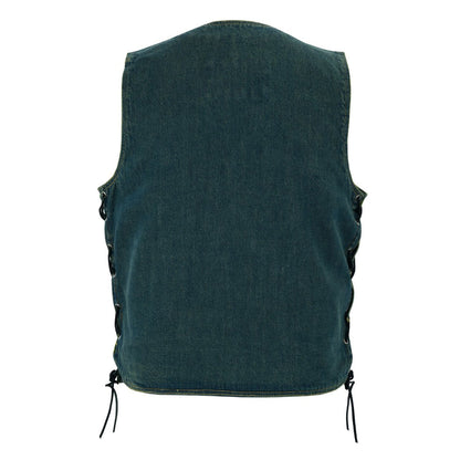 Motorcycle Denim Vest Side Laces V-collar Front Zipper Pockets
