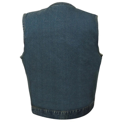 Men's Collarless Blue Denim Club Style Vest with Dual Closure