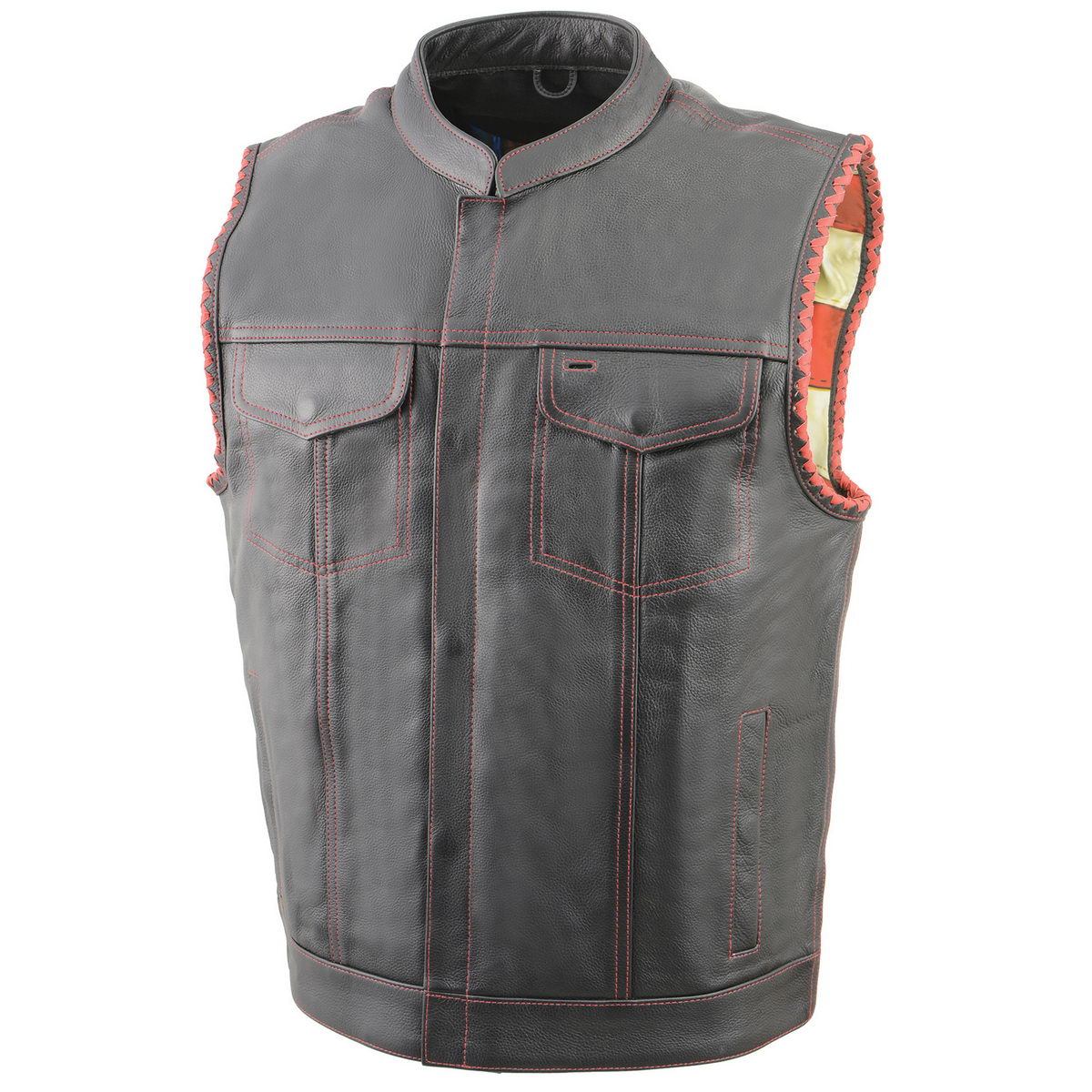 Men’s ‘Old Glory’ Black Leather with Red Stitching Vest and Laced Arm Holes