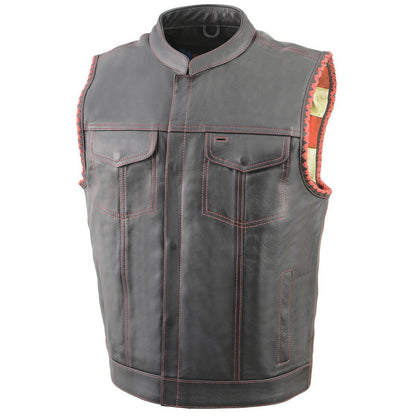 Men’s ‘Old Glory’ Black Leather with Red Stitching Vest and Laced Arm Holes