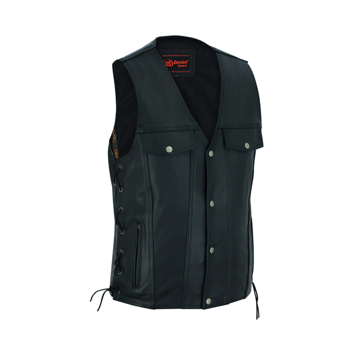 BLACK LEATHER VEST WITH SIDE LACES AND GUN POCKETS