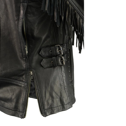 Women's Lightweight Fringed Black Leather Racer Jacket with Dual Gun Pockets