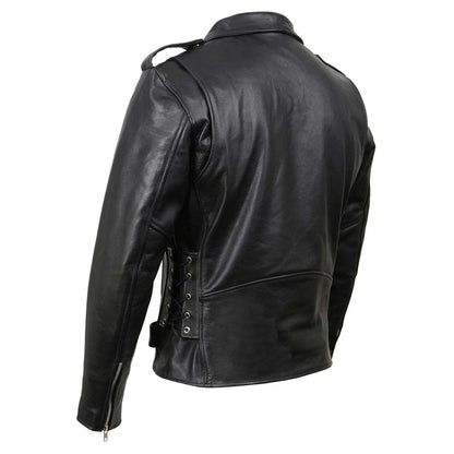 Black Classic Police Motorcycle Jacket for Men Made of Cowhide Leather w/ Side Lacing