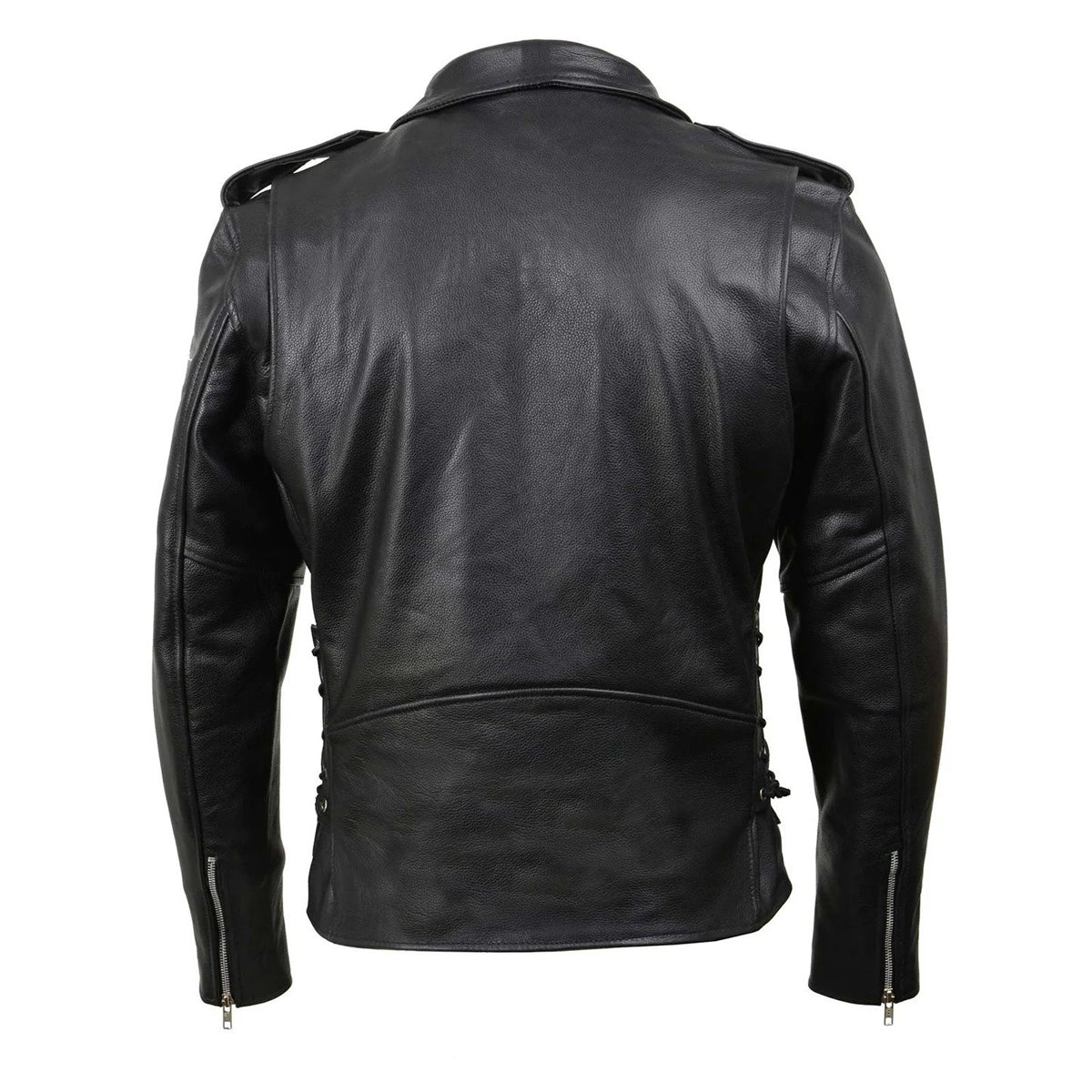 Black Classic Police Motorcycle Jacket for Men Made of Cowhide Leather w/ Side Lacing